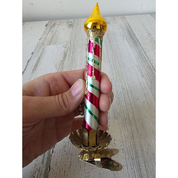 Glass candle clip ornament glitter gold peppermint striped Xmas tree - Picture 5 of 9